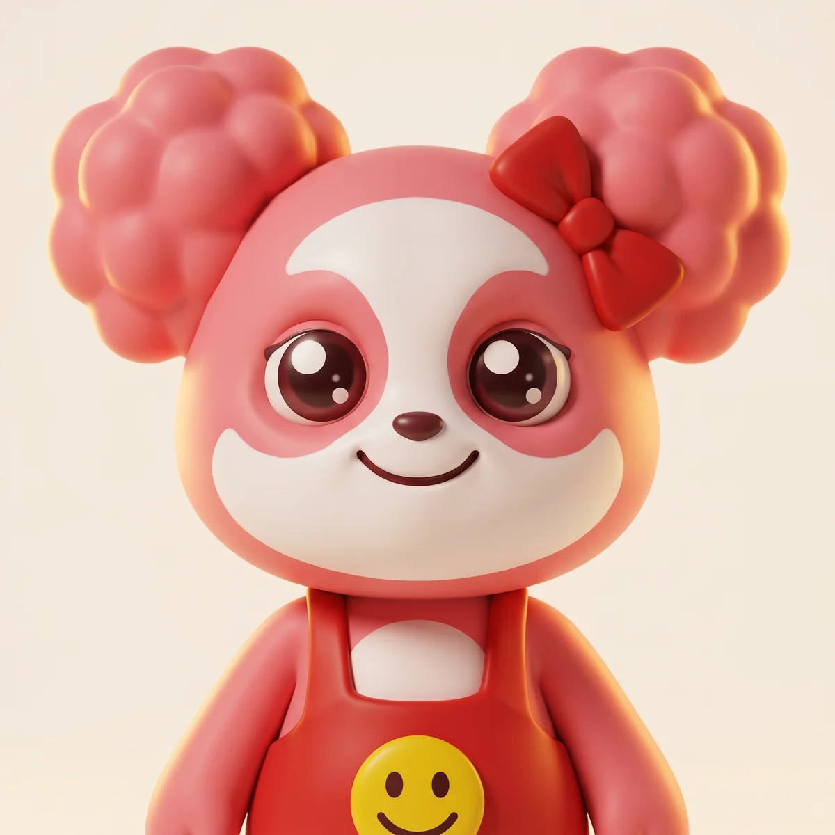 Kawaii — a pink panda with afro-puff buns and red overalls