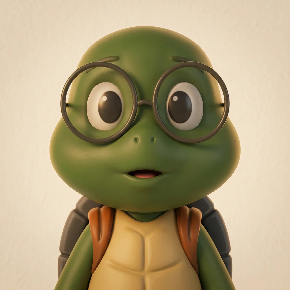 Sheldon — a green turtle with round glasses and a brown backpack