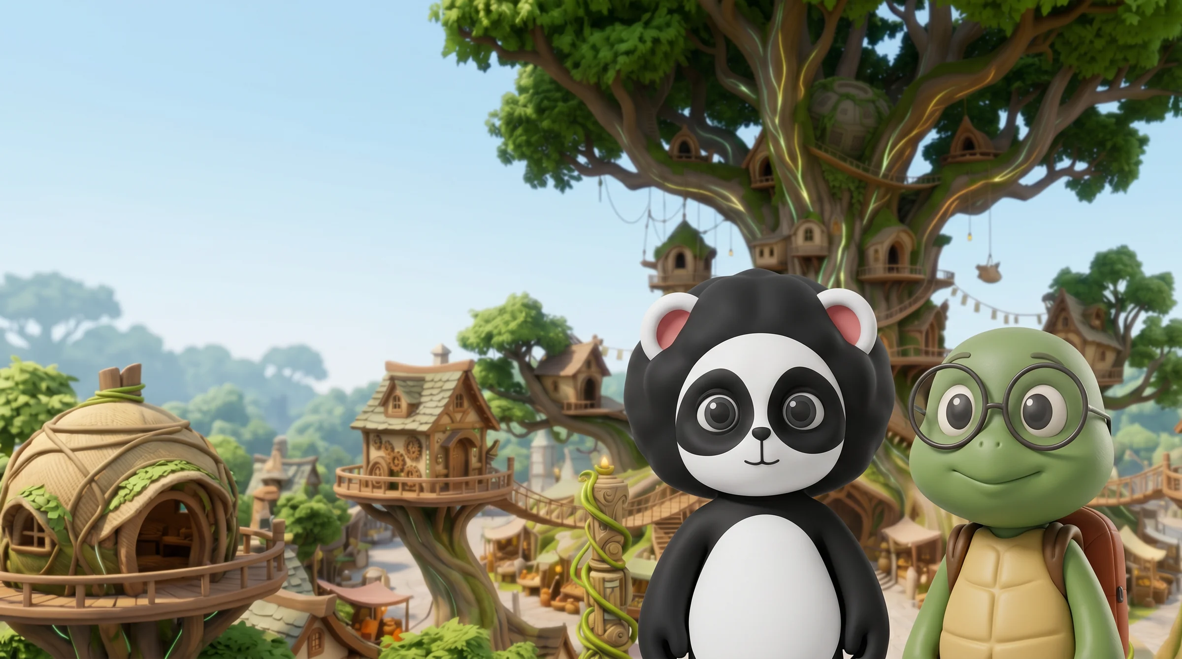 Afro Panda and his friend Sheldon stand together at the base of the Great Tree in the daylit village of Canopy