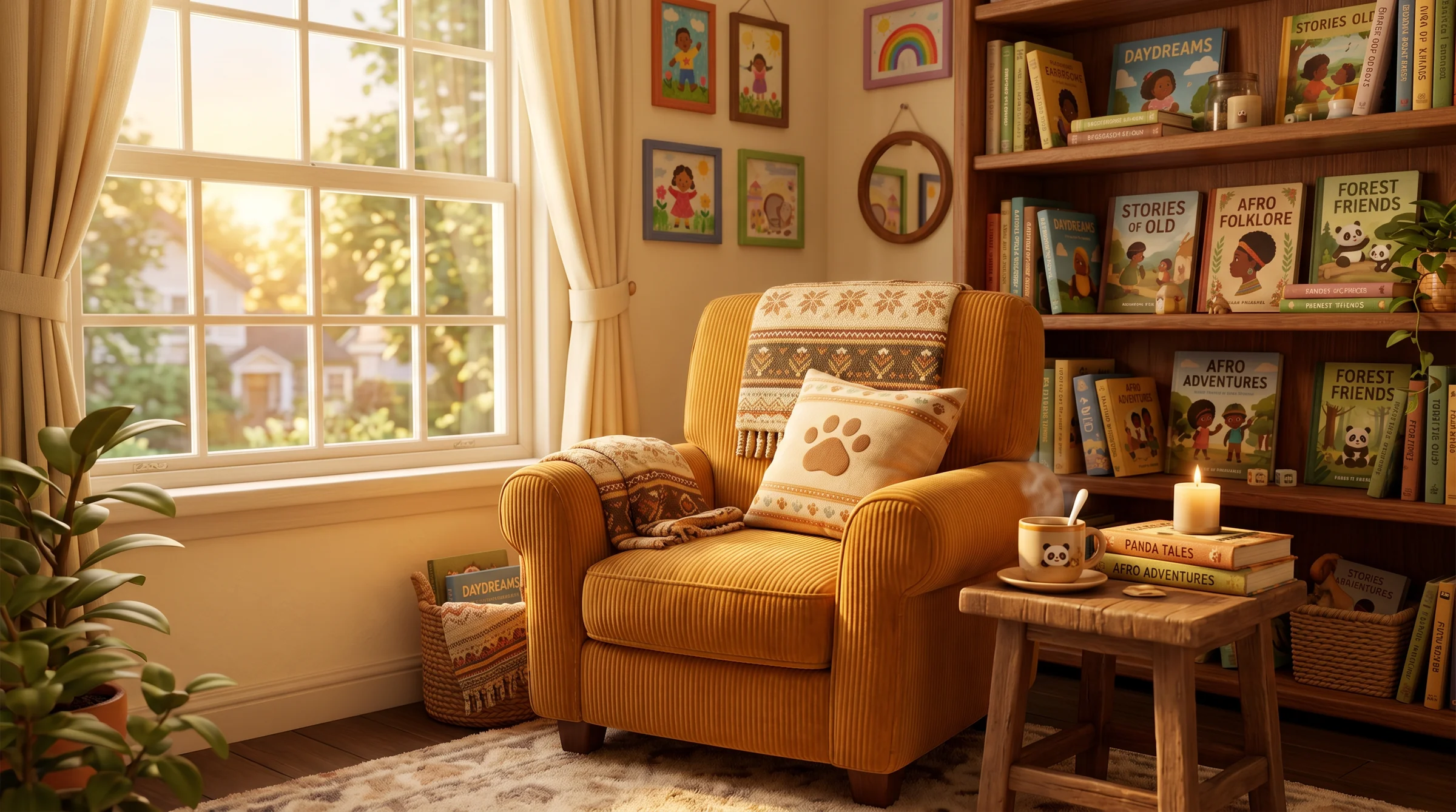 A cozy reading corner with an armchair, a cup of tea, and warm afternoon light