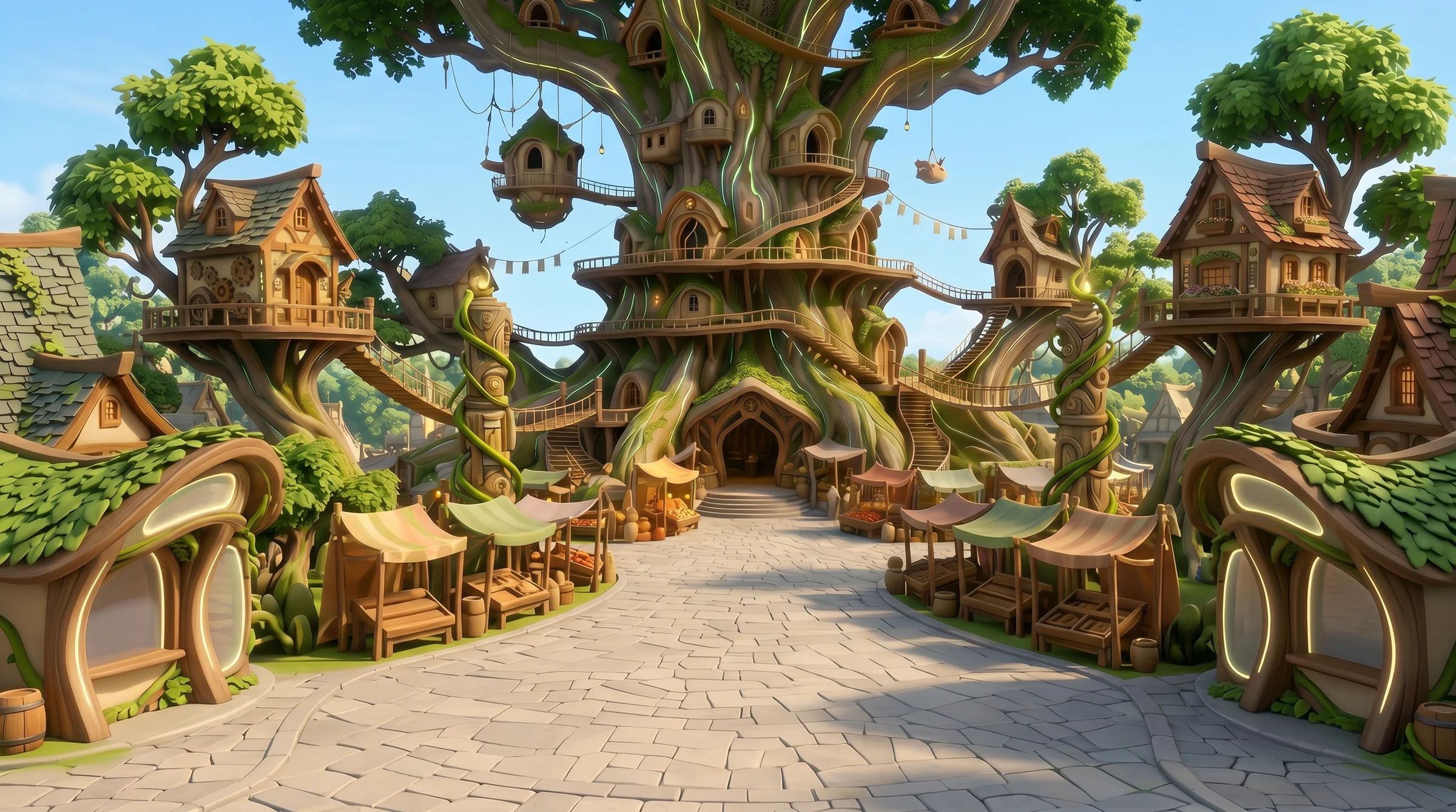 Canopy plaza at golden hour, with shop awnings and the Great Tree