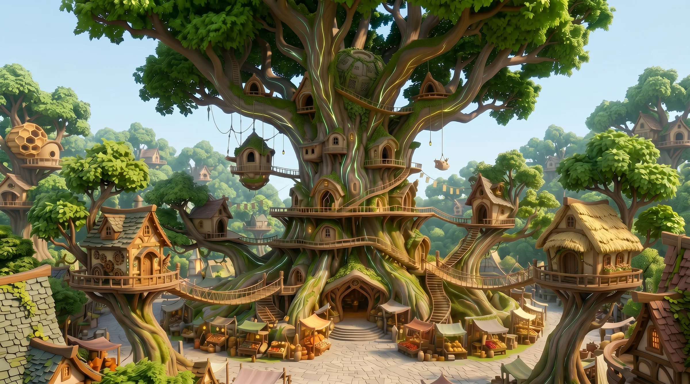 The Great Tree of Canopy — the village's civic and commerce hub, woven with hex-cell shops, treehouses, and rope bridges in a daylit forested setting